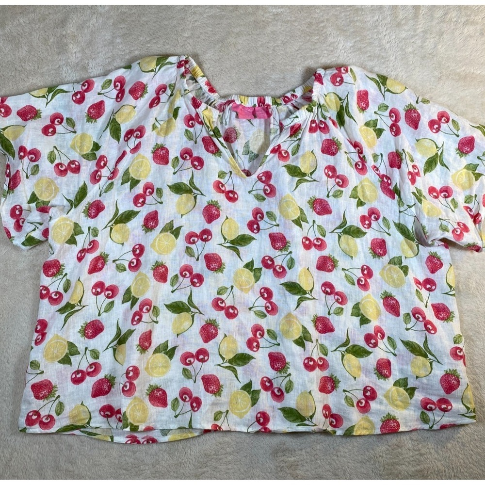 Isaac Mizrahi Womens 3X 100% Linen Fruit Print Peasant Blouse Short Sleeve - Picture 2 of 8